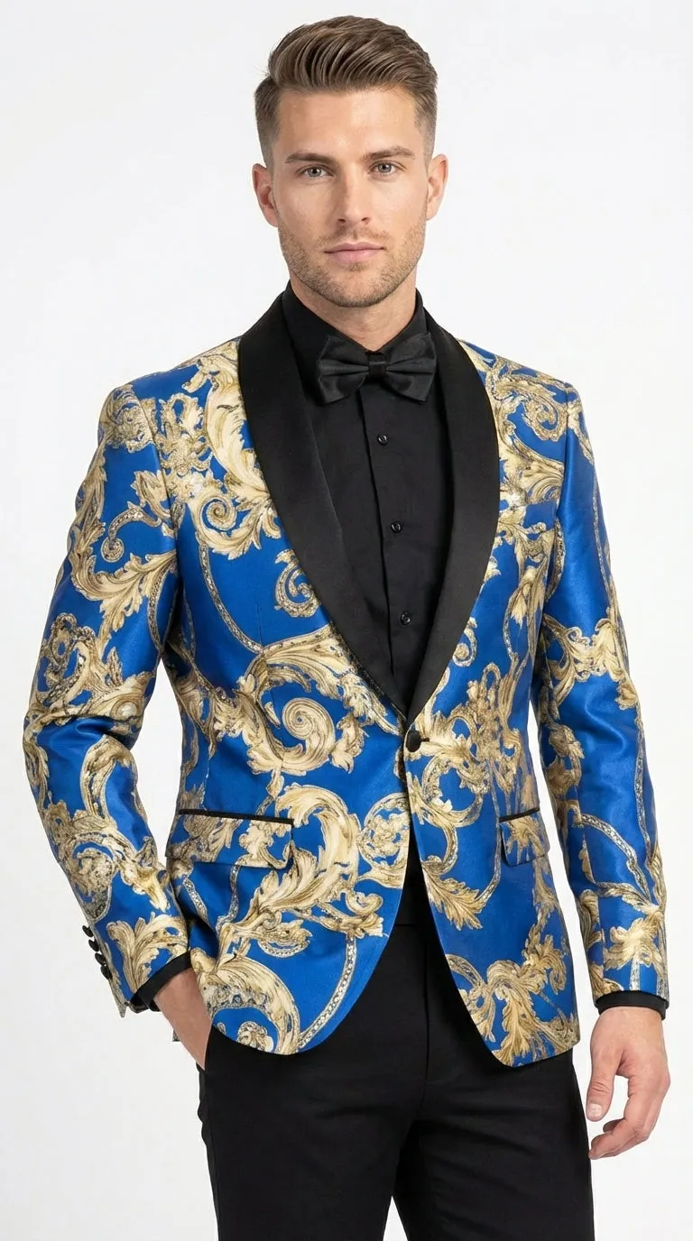Men’s Royal Blue and Gold Blazer Jacket – Luxury Floral Pattern Tuxedo Blazer, Formal Party Wedding Dinner Jacket, Stylish Evening Wear sold by Alberto Nardoni product image thumbnail 3