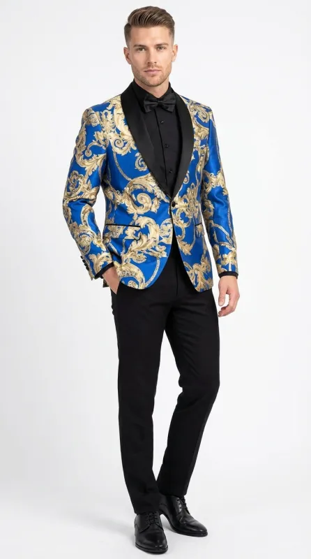 Men’s Royal Blue and Gold Blazer Jacket – Luxury Floral Pattern Tuxedo Blazer, Formal Party Wedding Dinner Jacket, Stylish Evening Wear made by Alberto Nardoni
