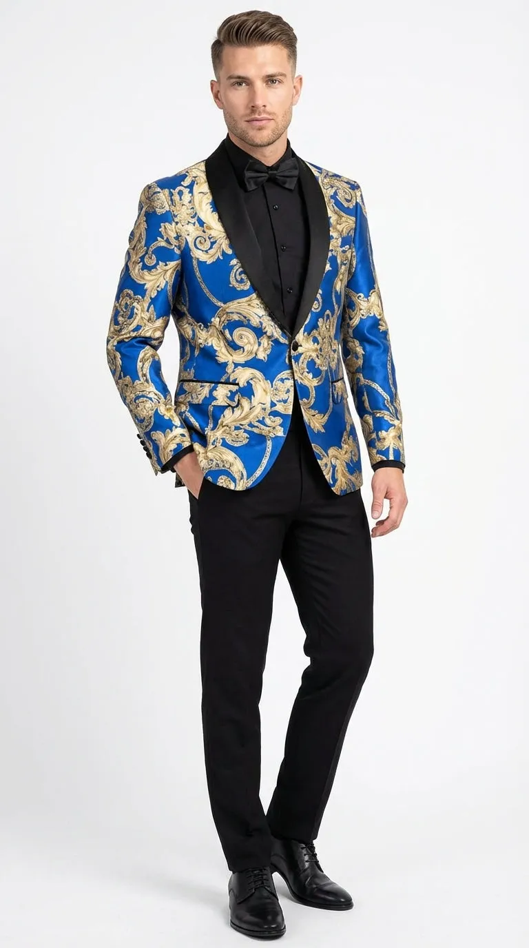 Men’s Royal Blue and Gold Blazer Jacket – Luxury Floral Pattern Tuxedo Blazer, Formal Party Wedding Dinner Jacket, Stylish Evening Wear sold by Alberto Nardoni