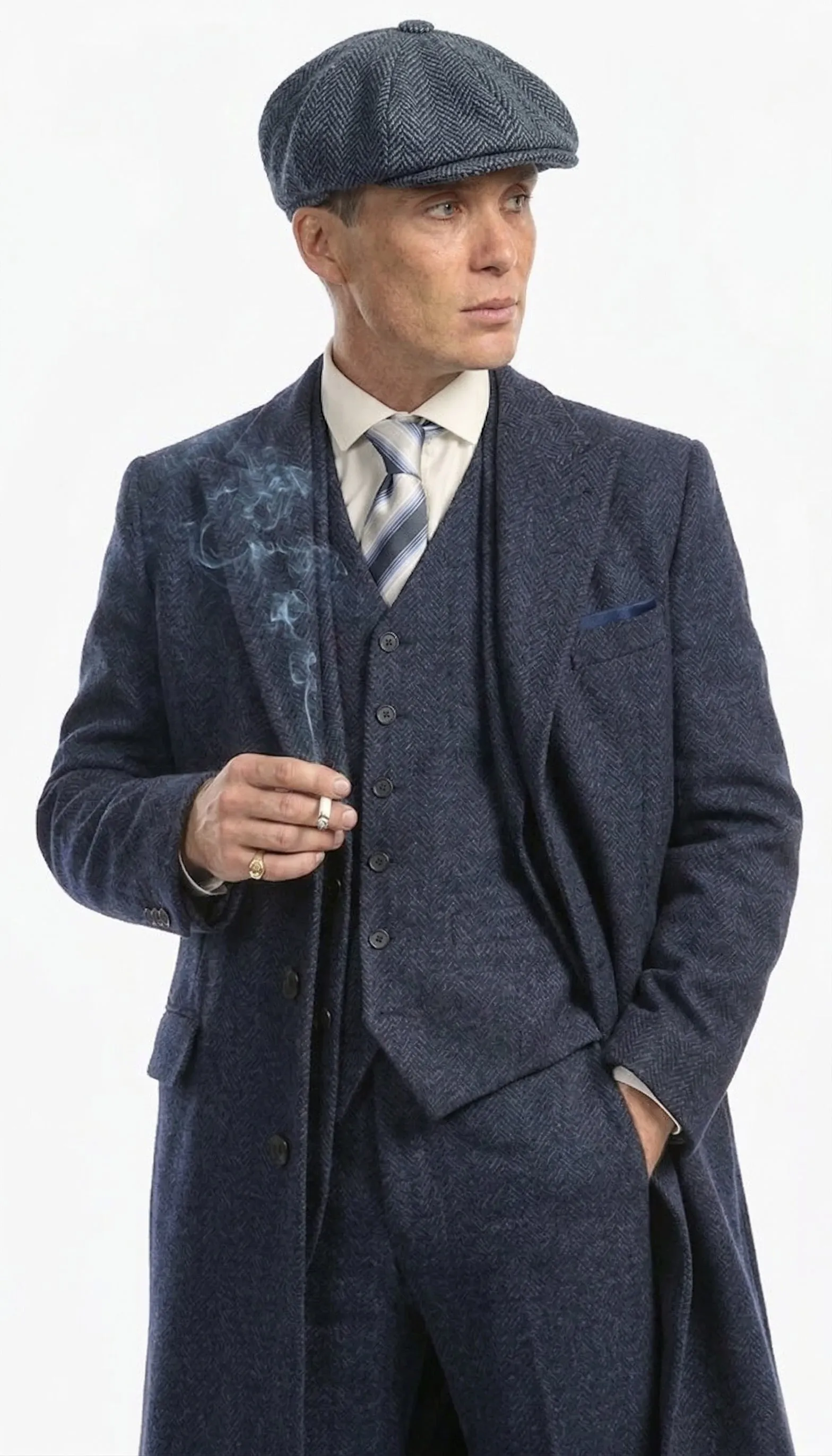 Men’s Navy Blue Herringbone Tweed 1920s 3 Piece Suit with Overcoat – Vintage Peaky Blinder Style Formal Suit Set with Blazer, Waistcoat + Overcoat + Hat sold by Alberto Nardoni product image thumbnail 3