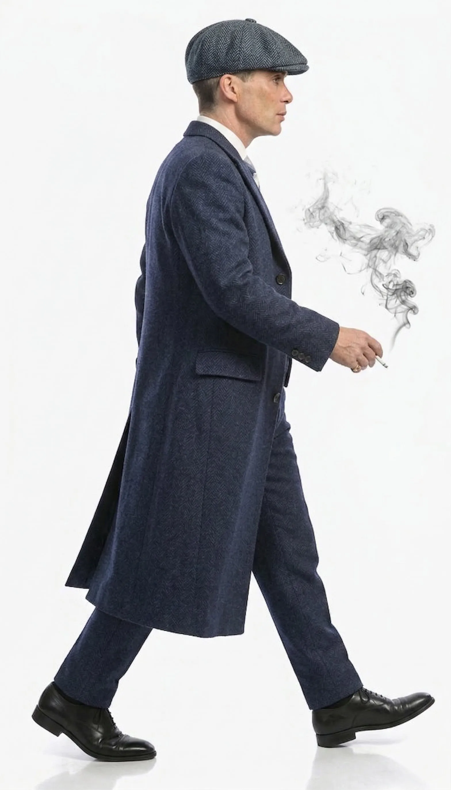 Men’s Navy Blue Herringbone Tweed 1920s 3 Piece Suit with Overcoat – Vintage Peaky Blinder Style Formal Suit Set with Blazer, Waistcoat + Overcoat + Hat sold by Alberto Nardoni product image thumbnail 4