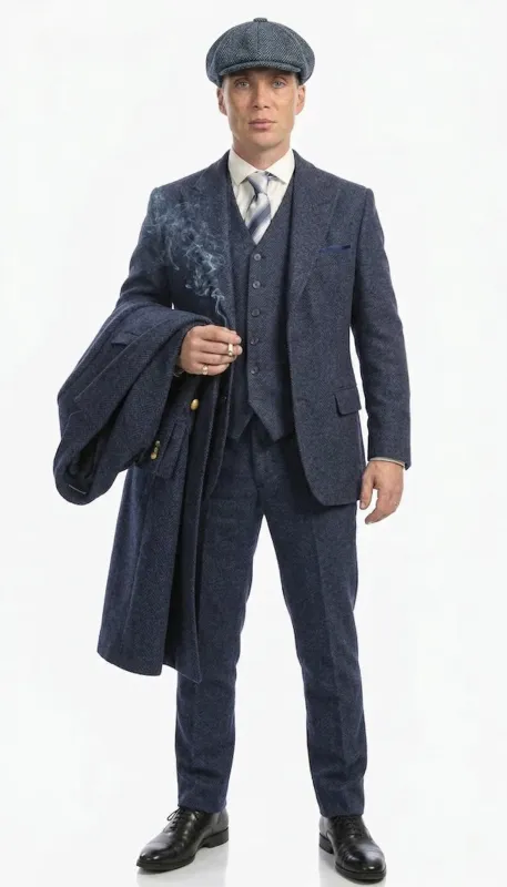 Men’s Navy Blue Herringbone Tweed  1920s 3 Piece Suit with Overcoat – Vintage Peaky Blinder Style Formal Suit Set with Blazer, Waistcoat + Overcoat + Hat made by Alberto Nardoni