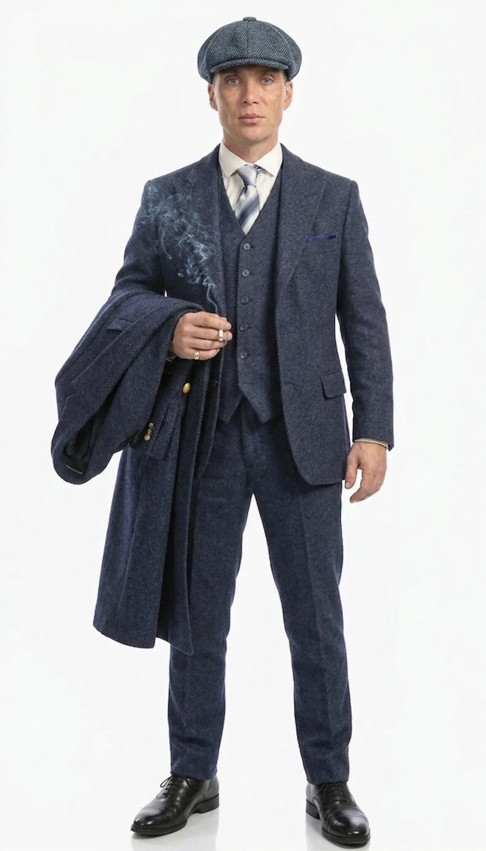 Men’s Navy Blue Herringbone Tweed 1920s 3 Piece Suit with Overcoat – Vintage Peaky Blinder Style Formal Suit Set with Blazer, Waistcoat + Overcoat + Hat sold by Alberto Nardoni