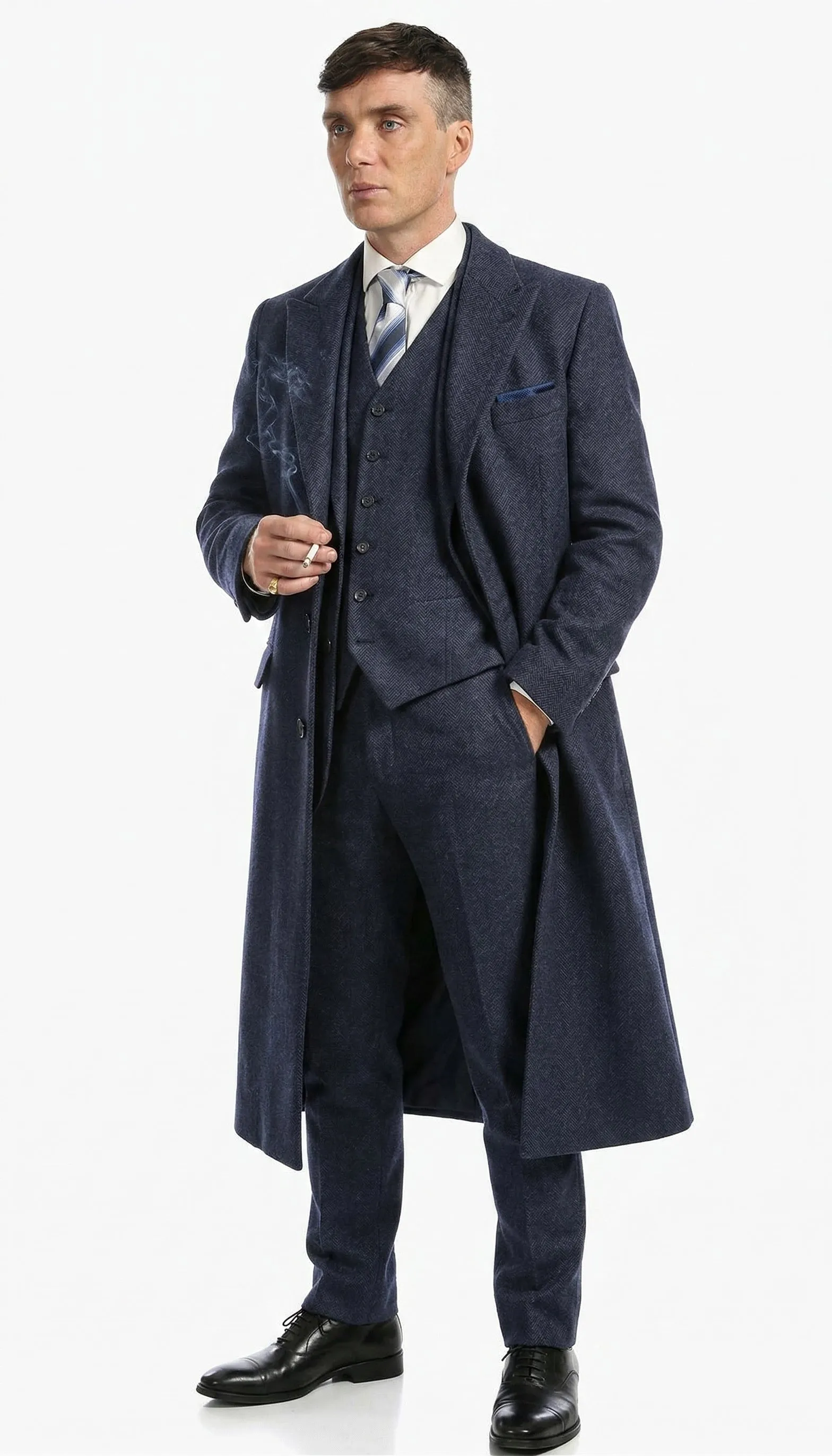 Men’s Navy Blue Herringbone Tweed 1920s 3 Piece Suit with Overcoat – Vintage Peaky Blinder Style Formal Suit Set with Blazer, Waistcoat + Overcoat + Hat sold by Alberto Nardoni product image thumbnail 5