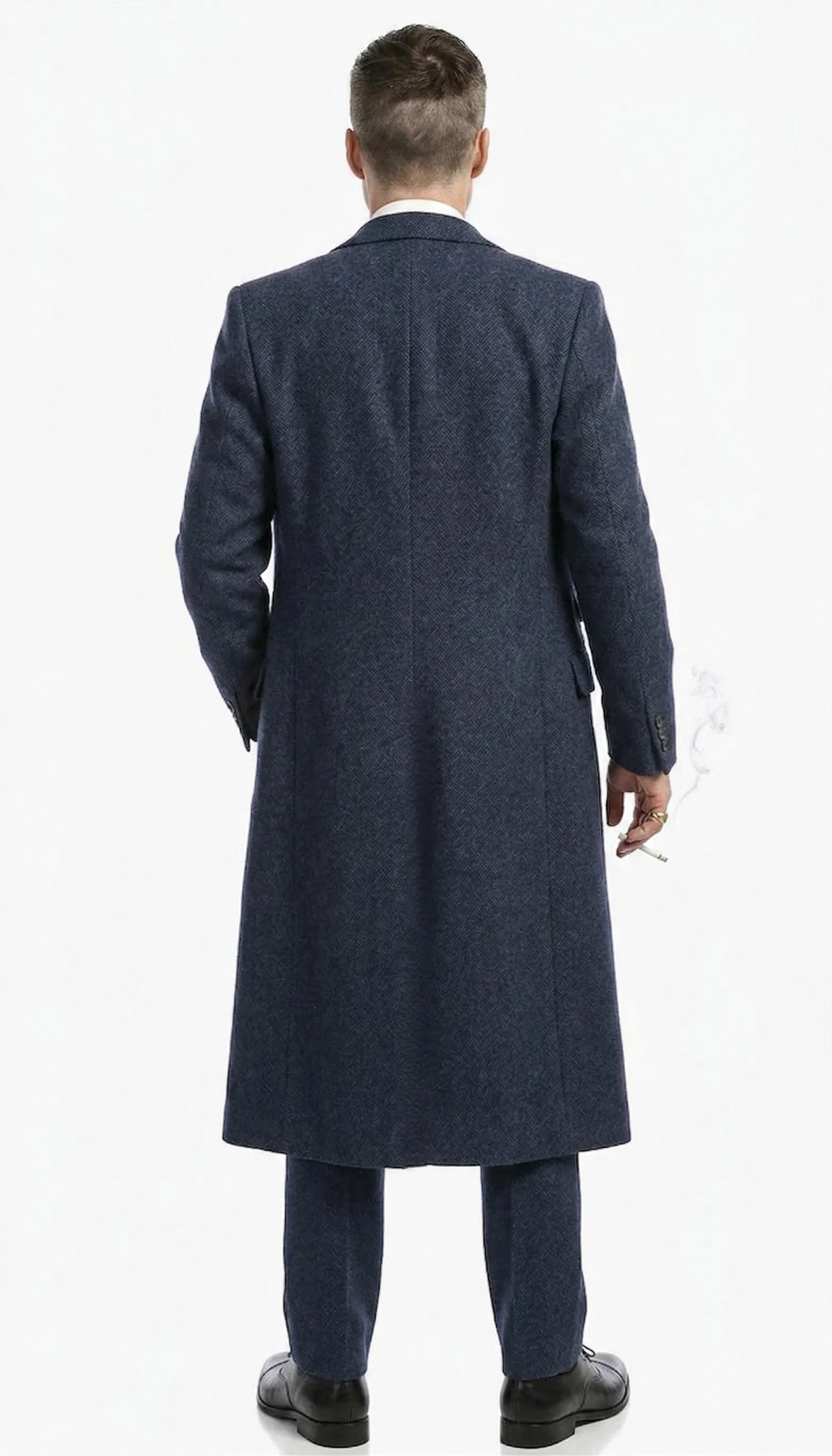 Men’s Navy Blue Herringbone Tweed 1920s 3 Piece Suit with Overcoat – Vintage Peaky Blinder Style Formal Suit Set with Blazer, Waistcoat + Overcoat + Hat sold by Alberto Nardoni product image thumbnail 2