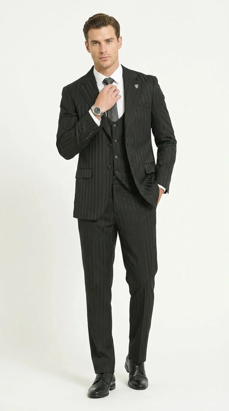 Men’s Black Pinstripe 3 Piece Suit – Vested Formal Business Suit for Wedding, Office, Prom and Party Wear sold by Alberto Nardoni product image thumbnail 2
