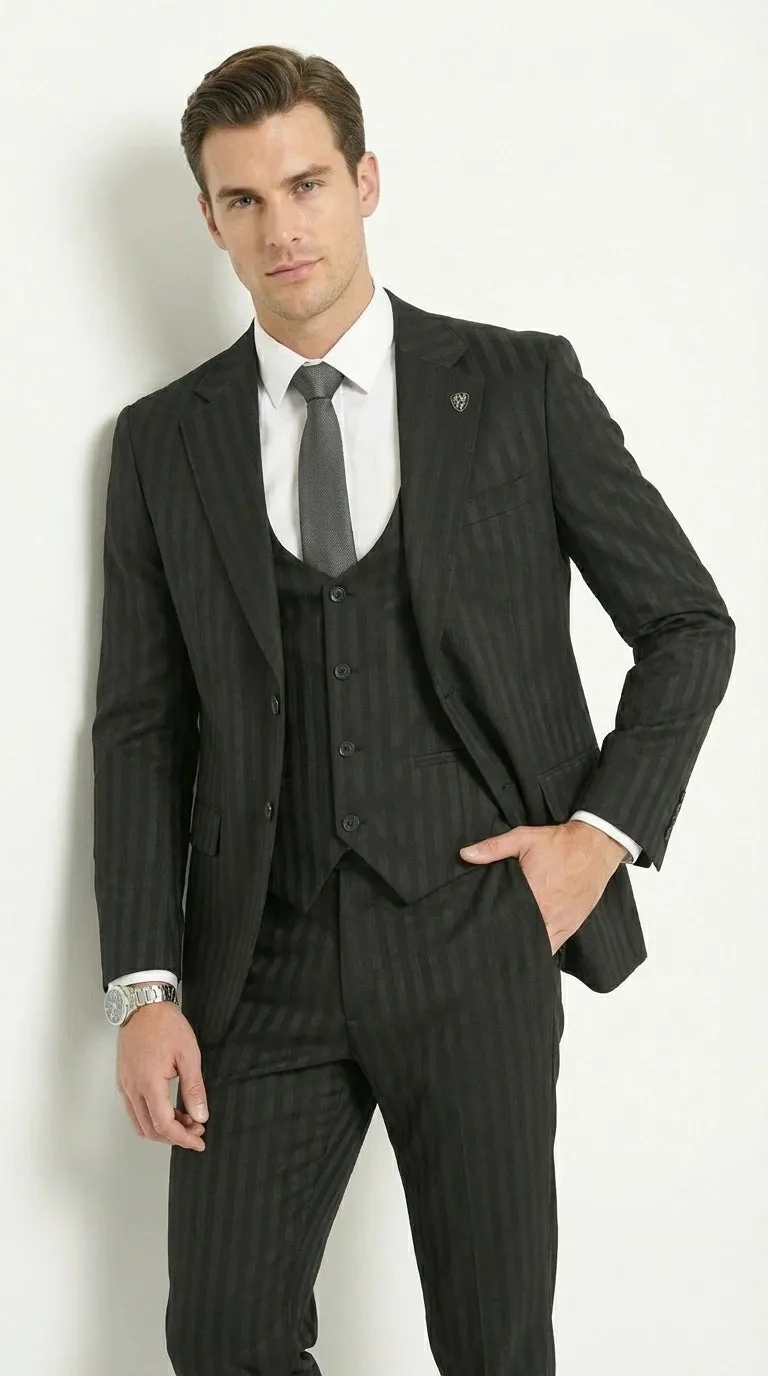 Men’s Black Pinstripe 3 Piece Suit – Vested Formal Business Suit for Wedding, Office, Prom and Party Wear sold by Alberto Nardoni product image thumbnail 3
