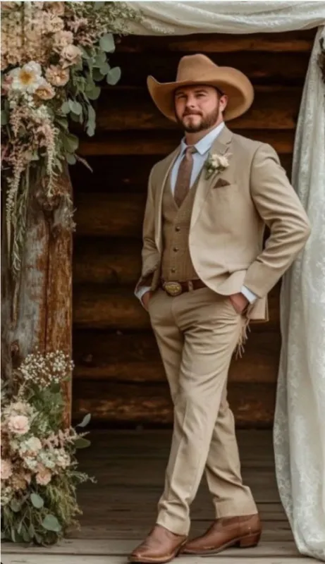 Men’s Light Brown Western 3 Piece Suit – Classic Country Style Blazer Vest Pants Set, Formal Cowboy Suit Toast made by Alberto Nardoni