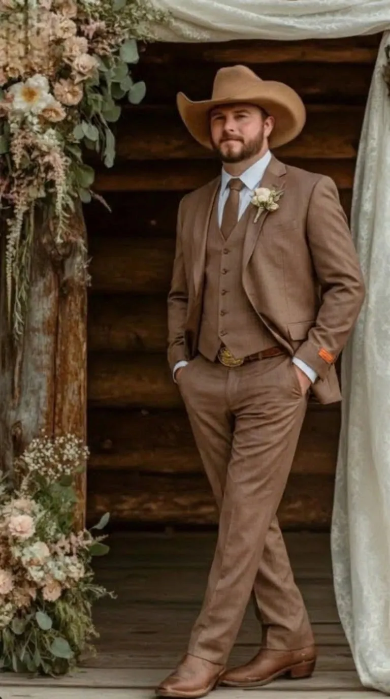 Men’s Light Brown Western 3 Piece Suit – Classic Country Style Blazer Vest Pants Set, Formal Cowboy Suit Toast sold by Alberto Nardoni product image thumbnail 3