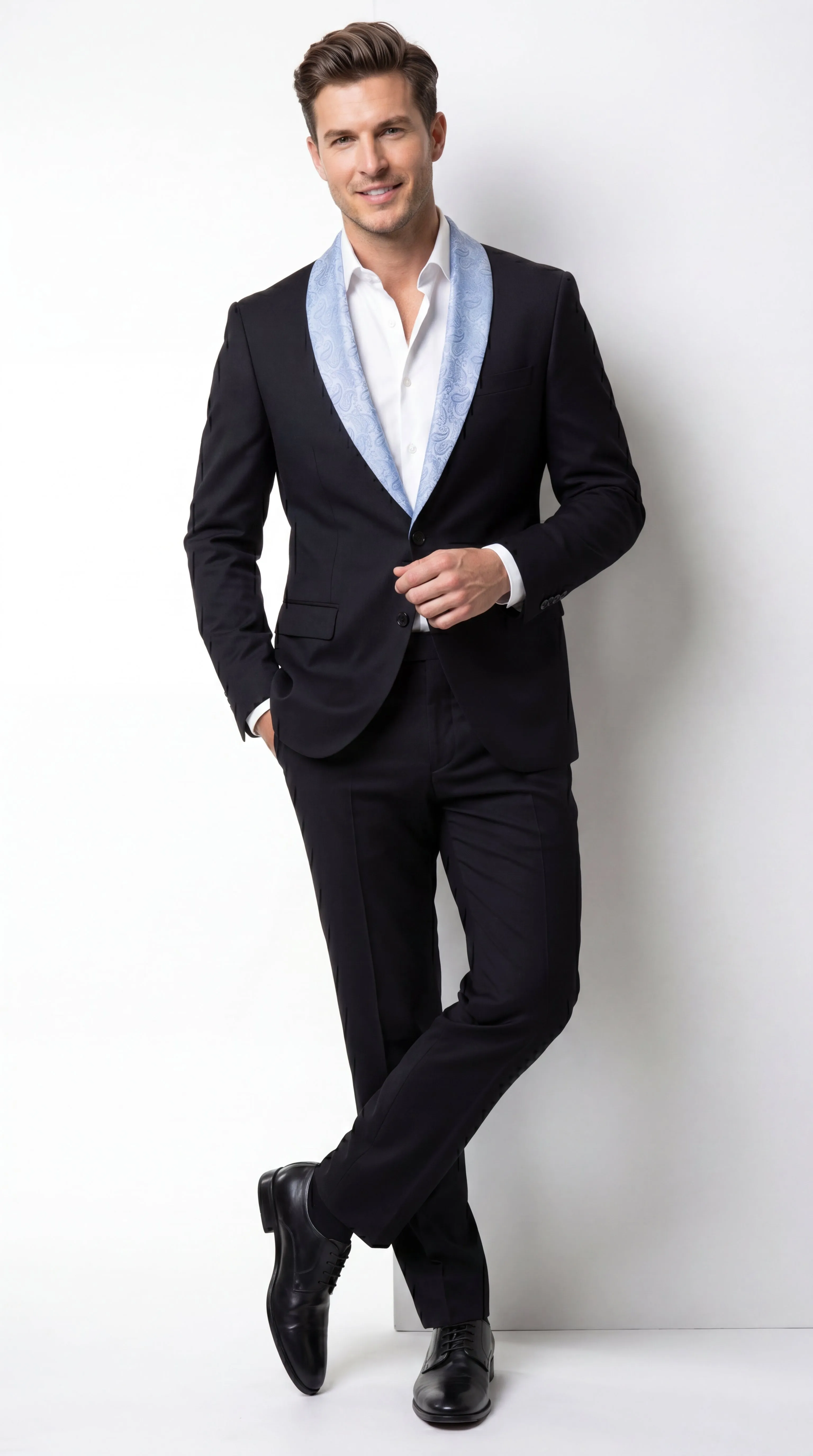 Men’s Black Suit with Light Blue Lapel – Modern Formal Tuxedo Style Suit for Wedding, Prom, Party and Sky Powder Blue Color sold by Alberto Nardoni product image thumbnail 3