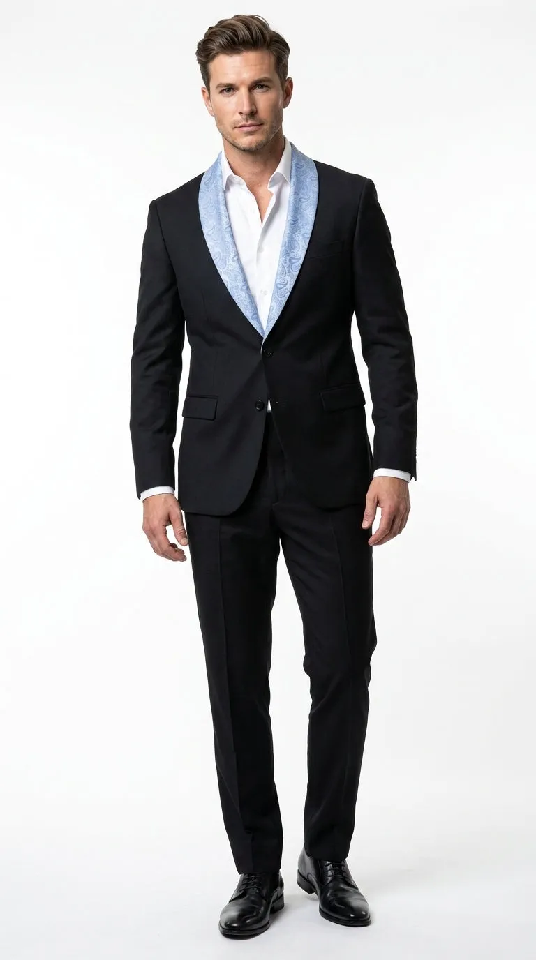 Men’s Black Suit with Light Blue Lapel – Modern Formal Tuxedo Style Suit for Wedding, Prom, Party and Sky Powder Blue Color sold by Alberto Nardoni