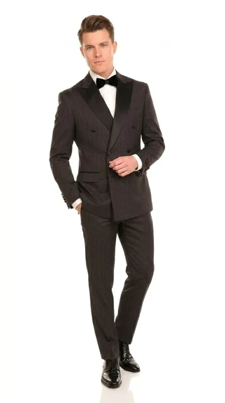Men’s Double Breasted Suit – Classic Peak Lapel Formal Tuxedo Style Suit for Wedding in Black Ton on Tone Pinstripe made by Alberto Nardoni