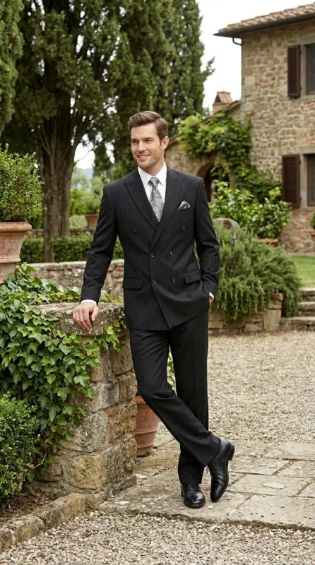 Men’s Black Pinstripe Double Breasted Suit – Peak Lapel Classic Fit Formal Business Conservative settle stripe made by Alberto Nardoni