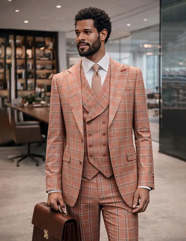 Statement Mens Modern Fit 3 Piece 100% Super Wool Windowpane Suit – Double Breasted Vest, Peak Lapel made by Alberto Nardoni