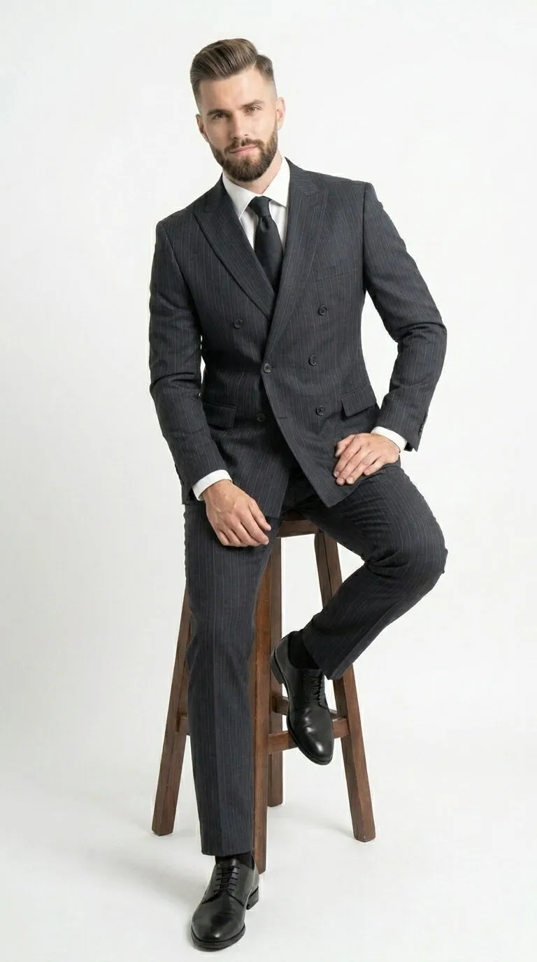 Men’s Black Pinstripe Double Breasted Suit – Classic Formal Business Suit Office and Evening Wear Modern Fit Conservative pattern sold by Alberto Nardoni product image thumbnail 5