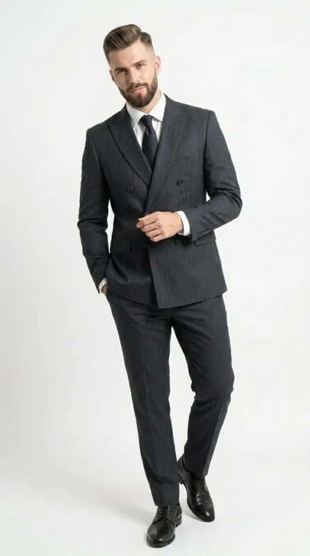 Men’s Black Pinstripe Double Breasted Suit – Classic Formal Business Suit Office and Evening Wear Modern Fit Conservative pattern made by Alberto Nardoni