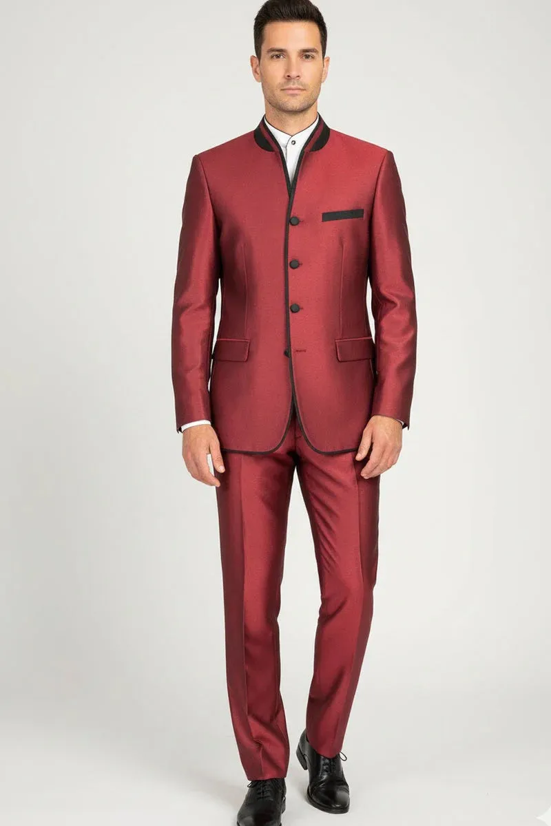 Mens Burgundy Sharkskin Mandarin Collar Tuxedo - 2 Piece Slim Fit Luxury Set sold by Alberto Nardoni product image thumbnail 3