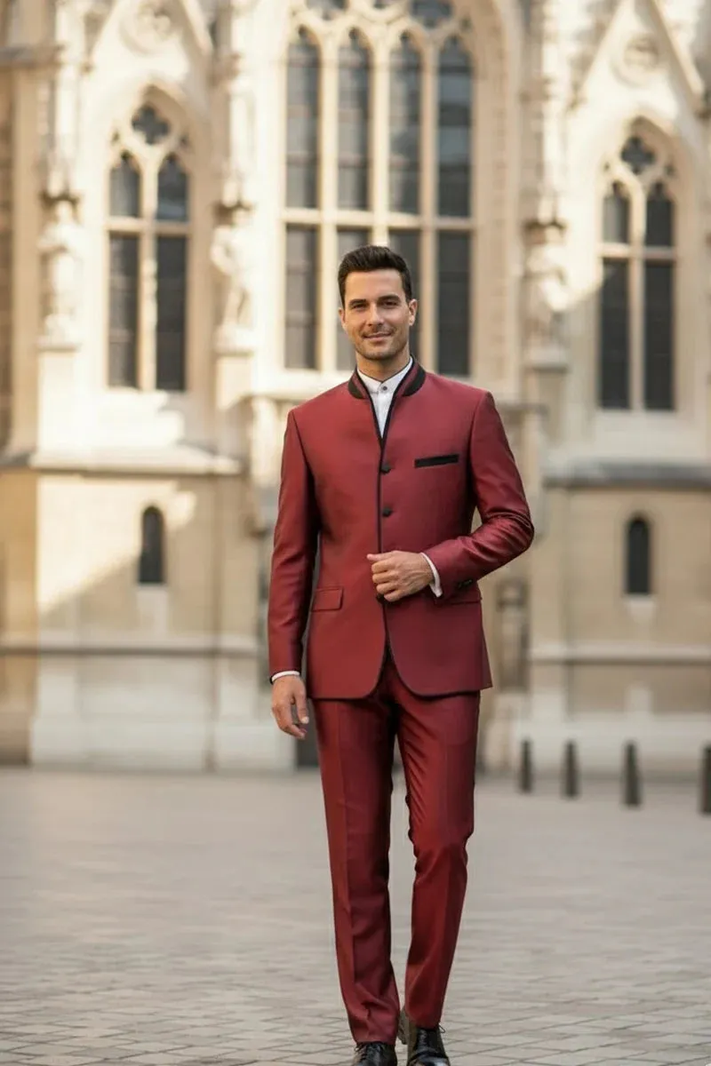Mens Burgundy Sharkskin Mandarin Collar Tuxedo - 2 Piece Slim Fit Luxury Set sold by Alberto Nardoni product image thumbnail 4