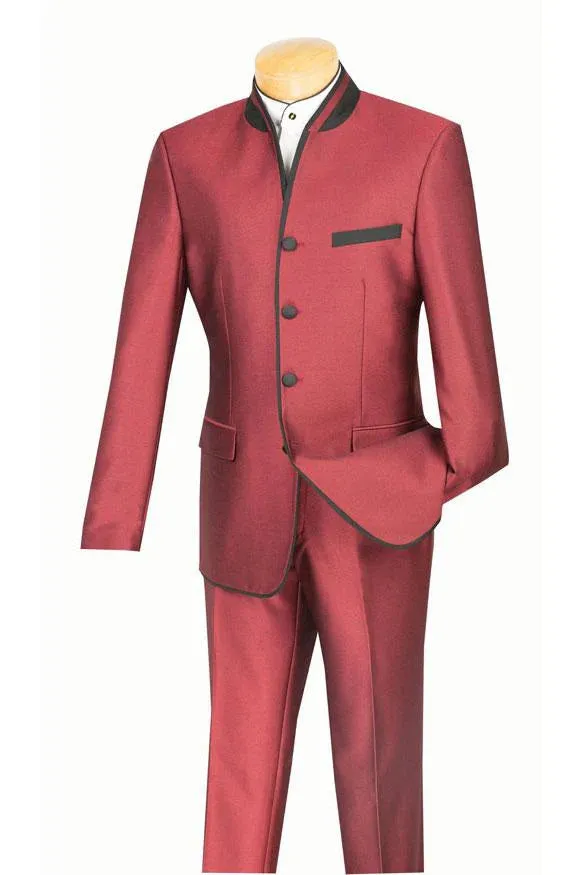 Mens Burgundy Sharkskin Mandarin Collar Tuxedo - 2 Piece Slim Fit Luxury Set sold by Alberto Nardoni