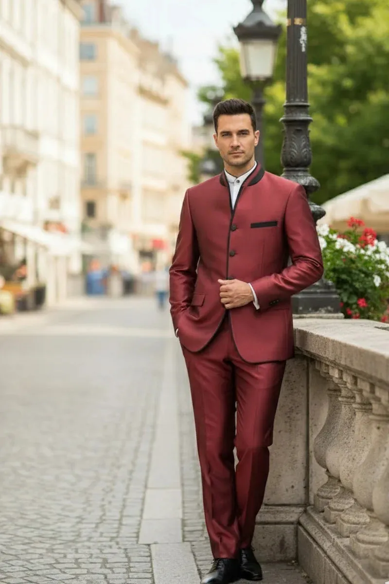 Mens Burgundy Sharkskin Mandarin Collar Tuxedo - 2 Piece Slim Fit Luxury Set sold by Alberto Nardoni product image thumbnail 5