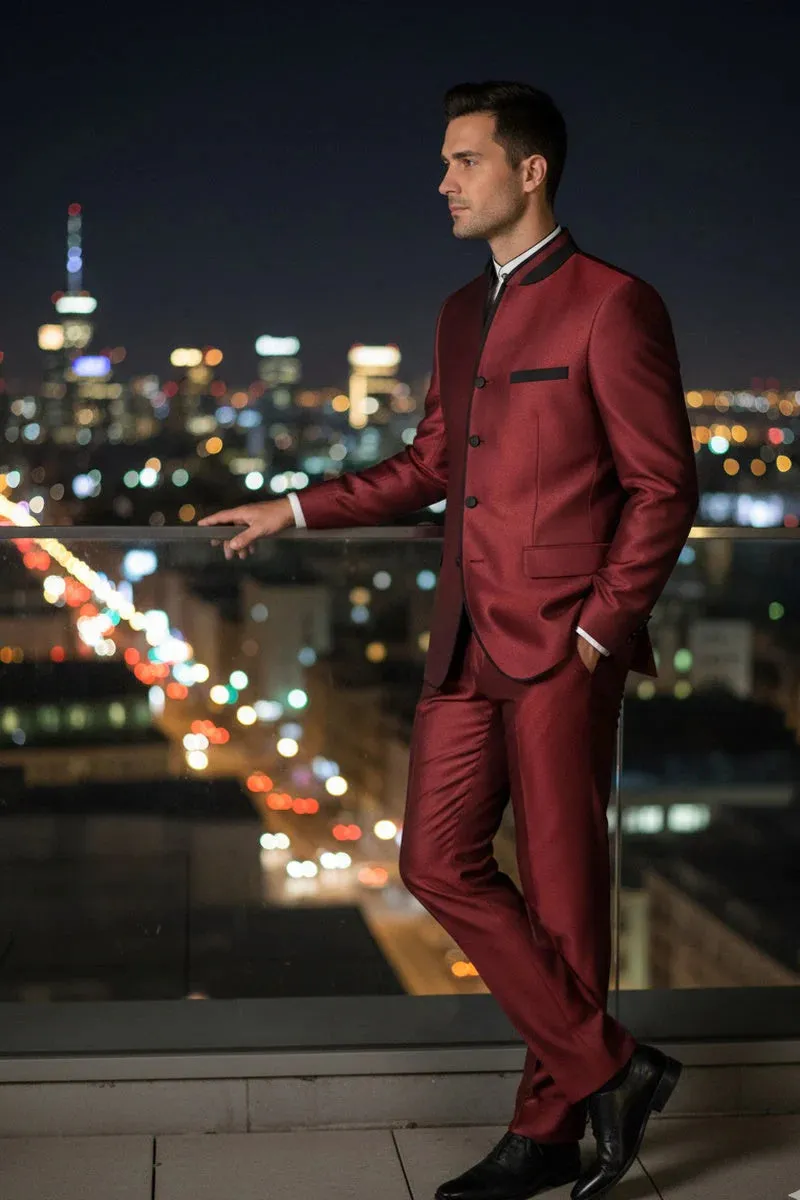 Mens Burgundy Sharkskin Mandarin Collar Tuxedo - 2 Piece Slim Fit Luxury Set sold by Alberto Nardoni product image thumbnail 2
