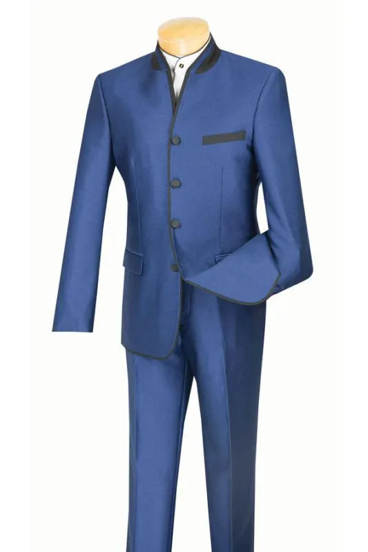 Mens Blue Sharkskin Mandarin Collar Tuxedo - 2 Piece Slim Fit Luxury Set made by Alberto Nardoni