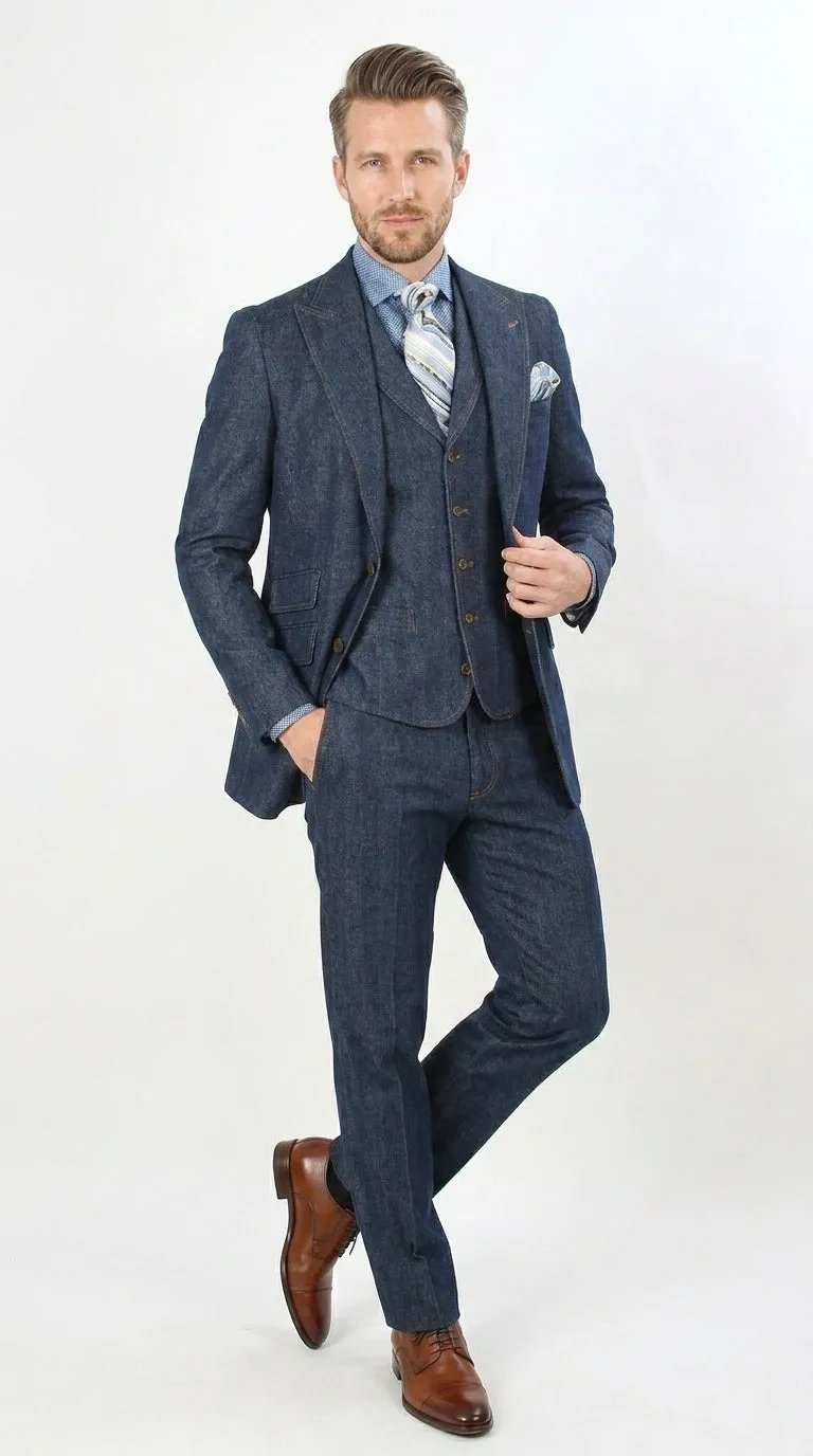 Men’s Pleated Pants Dark Blue Denim 3 Piece Suit – 100% Cotton Formal Suit Set, Blazer Vest Pants Outfit Classic Fit Athletic Fit Lose Fit sold by Alberto Nardoni product image thumbnail 4