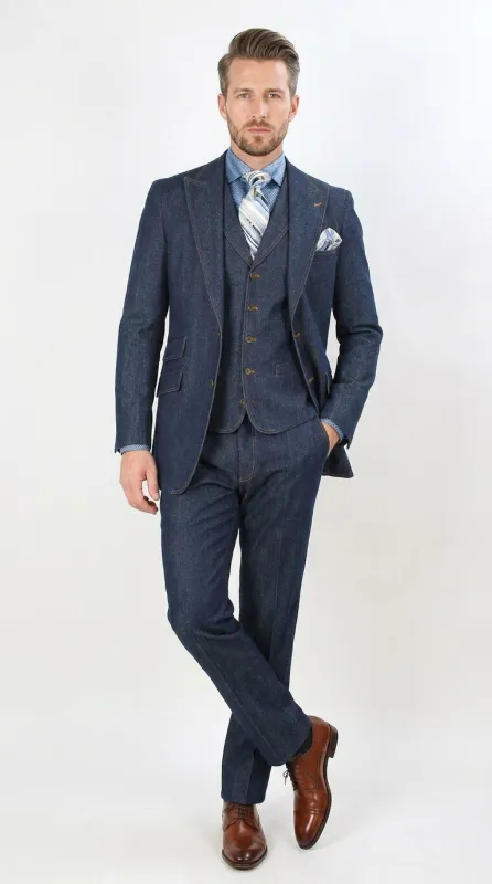 Men’s Pleated Pants Dark Blue Denim 3 Piece Suit – 100% Cotton Formal Suit Set, Blazer Vest Pants Outfit Classic Fit Athletic Fit Lose Fit made by Alberto Nardoni