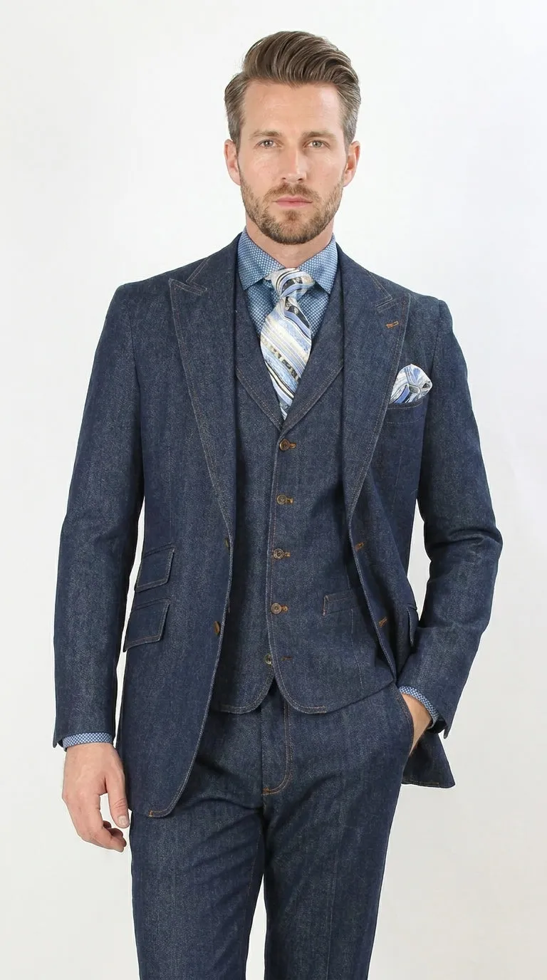 Men’s Pleated Pants Dark Blue Denim 3 Piece Suit – 100% Cotton Formal Suit Set, Blazer Vest Pants Outfit Classic Fit Athletic Fit Lose Fit sold by Alberto Nardoni product image thumbnail 5