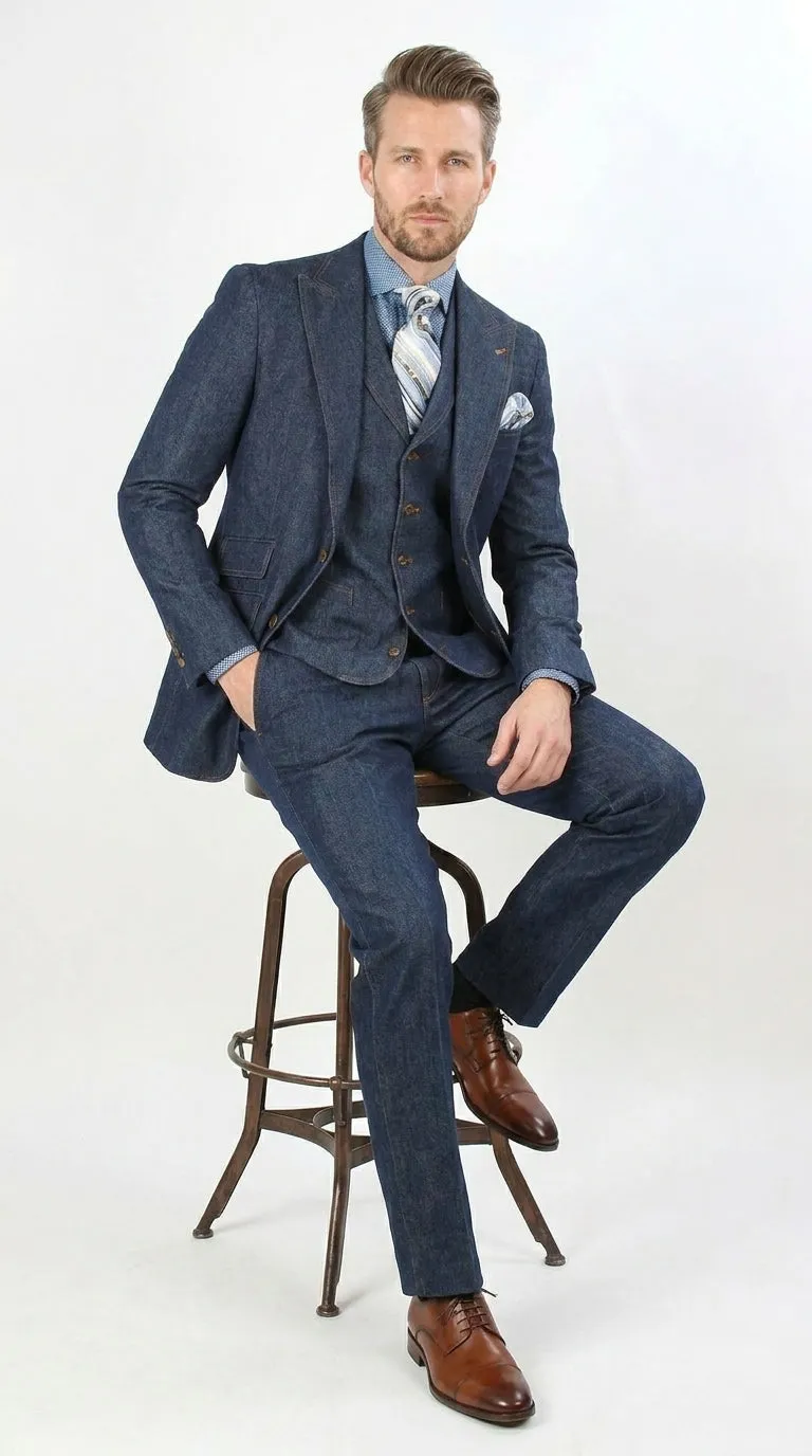 Men’s Pleated Pants Dark Blue Denim 3 Piece Suit – 100% Cotton Formal Suit Set, Blazer Vest Pants Outfit Classic Fit Athletic Fit Lose Fit sold by Alberto Nardoni product image thumbnail 2