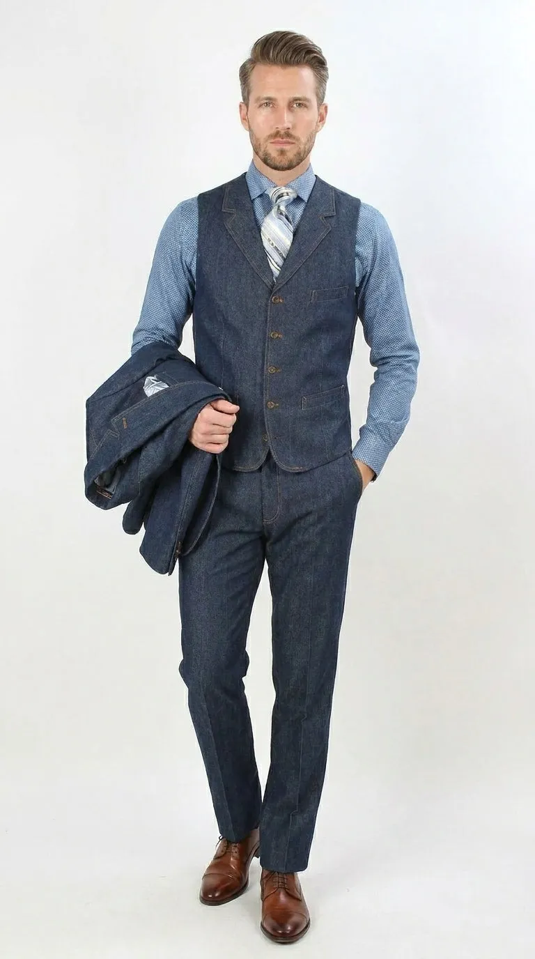 Men’s Pleated Pants Dark Blue Denim 3 Piece Suit – 100% Cotton Formal Suit Set, Blazer Vest Pants Outfit Classic Fit Athletic Fit Lose Fit sold by Alberto Nardoni product image thumbnail 3