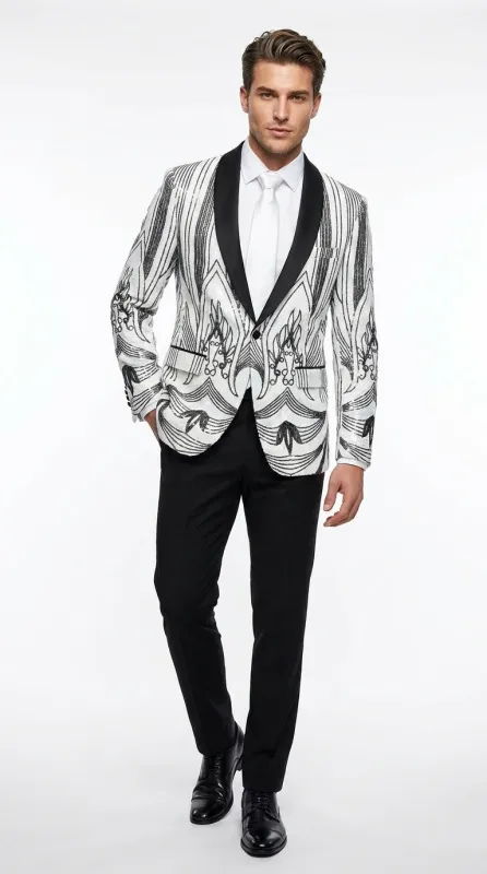 Men’s White and Black Patterned Tuxedo Blazer – Luxury Designer Dinner Jacket for Wedding, Prom and Formal Events New Year Christmas Holiday made by Alberto Nardoni