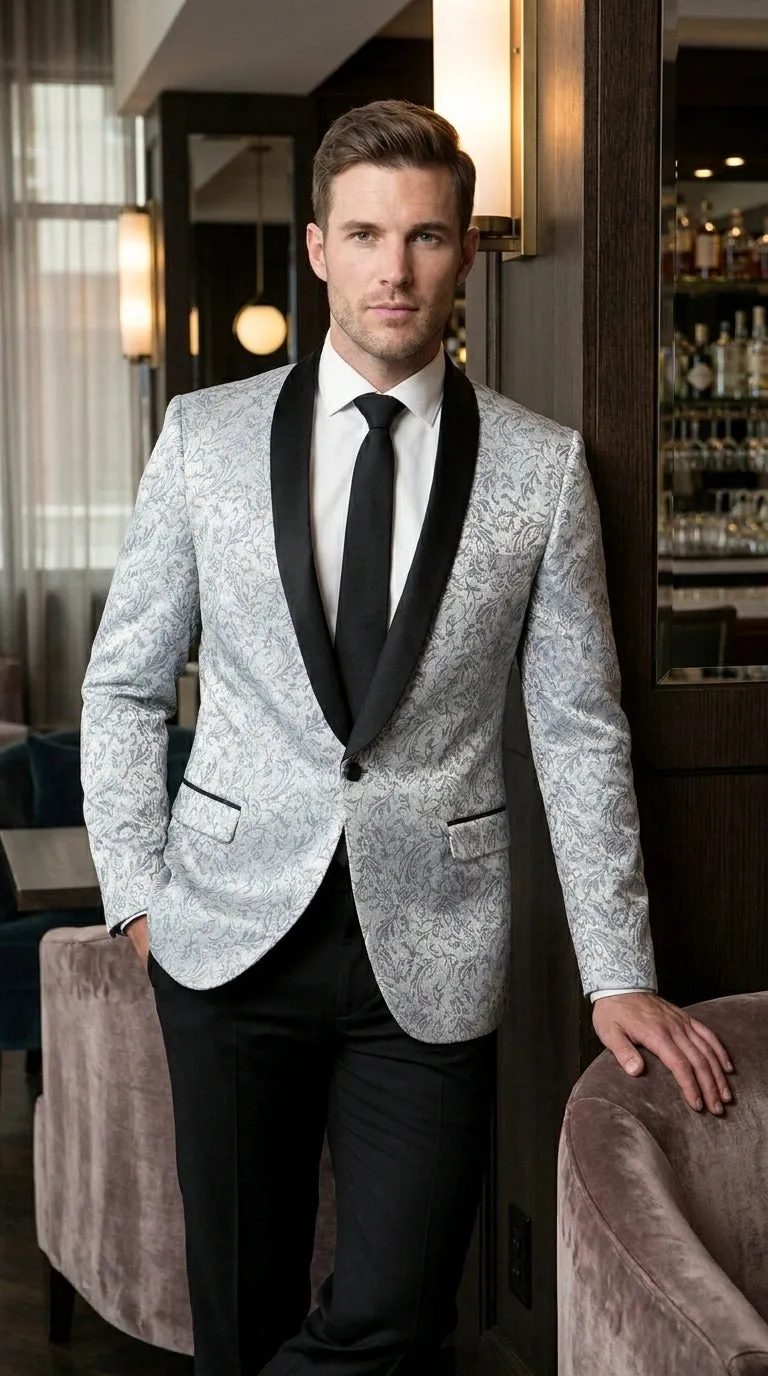 Men’s Silver and Black Floral Blazer – Elegant Formal Tuxedo Style Blazer Jacket for Wedding, Party, Prom and Evening Wear sold by Alberto Nardoni
