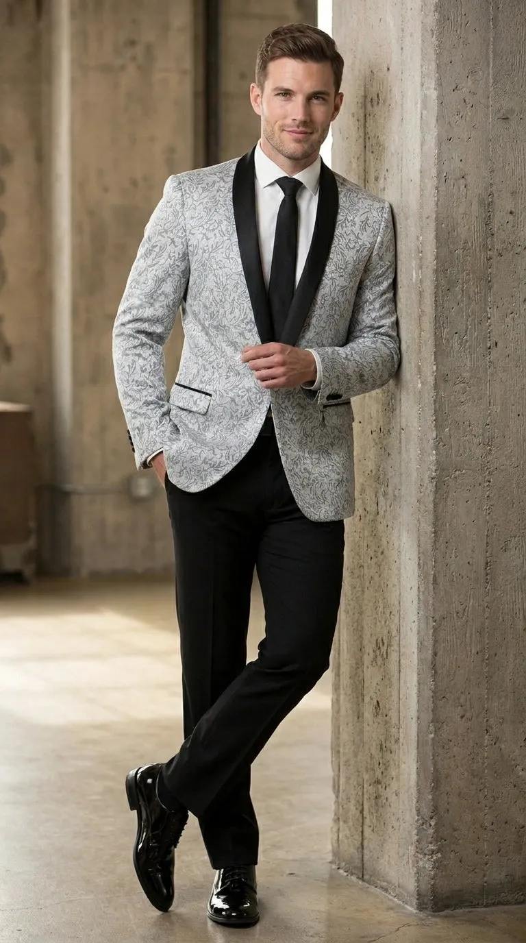 Men’s Silver and Black Floral Blazer – Elegant Formal Tuxedo Style Blazer Jacket for Wedding, Party, Prom and Evening Wear sold by Alberto Nardoni product image thumbnail 3