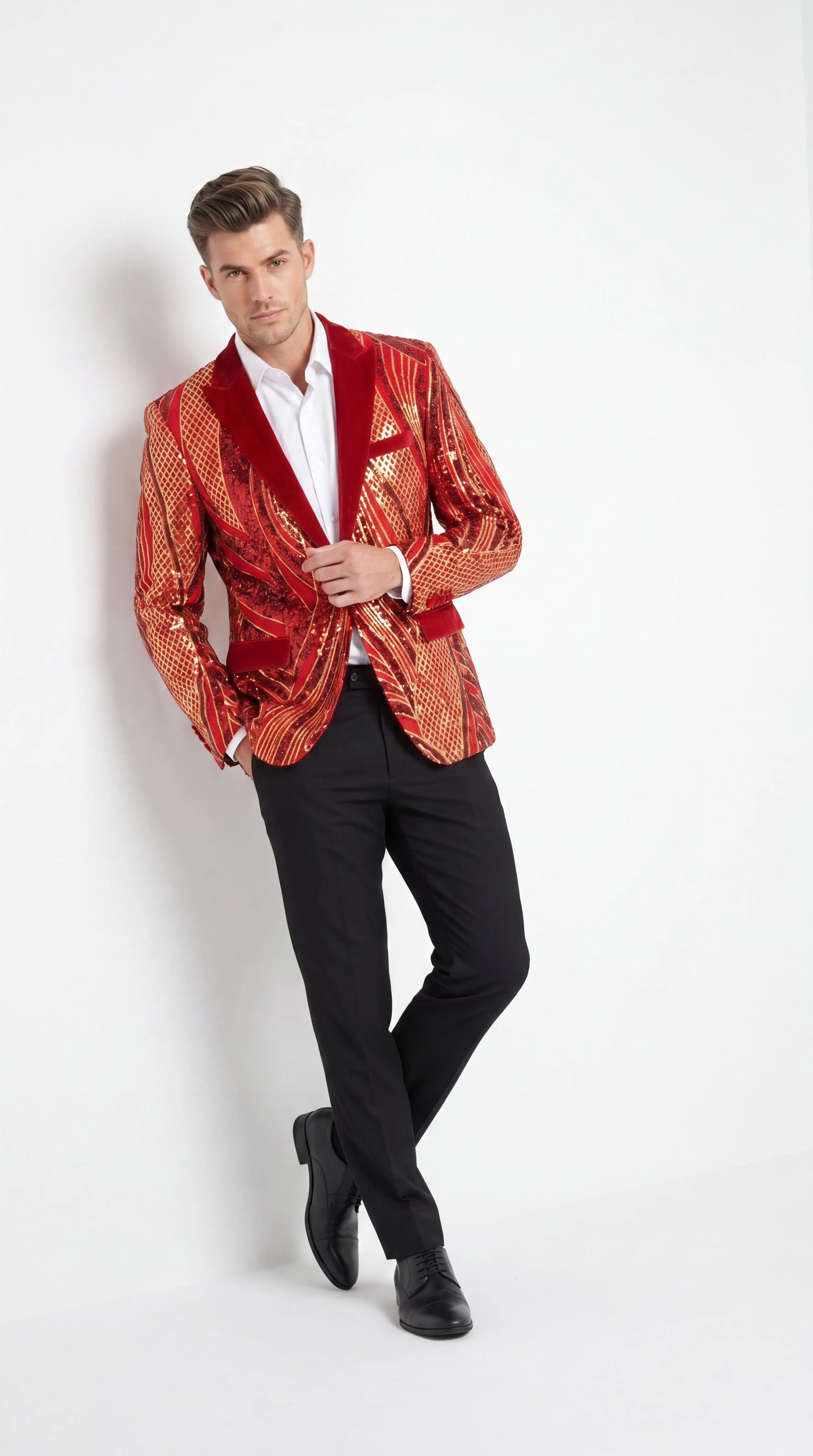 Men’s Red and Gold Sequin Christmas Holiday Blazer – Luxury Party Jacket for New Year, Wedding and Festive Events sold by Alberto Nardoni product image thumbnail 5