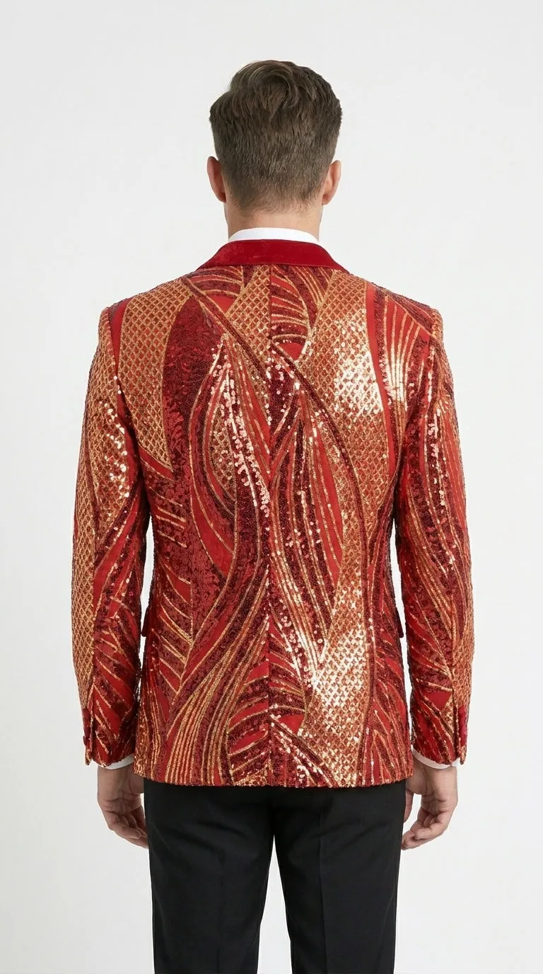 Men’s Red and Gold Sequin Christmas Holiday Blazer – Luxury Party Jacket for New Year, Wedding and Festive Events sold by Alberto Nardoni product image thumbnail 2