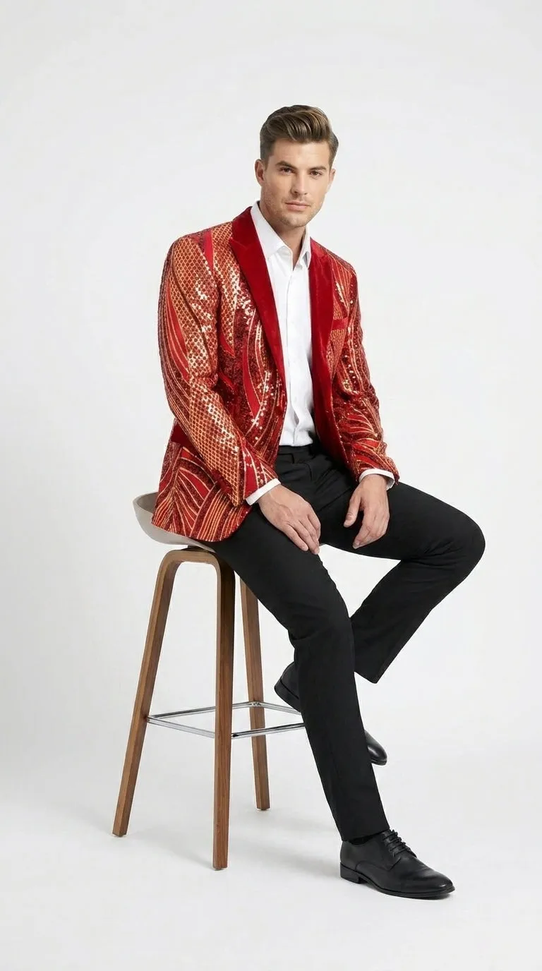 Men’s Red and Gold Sequin Christmas Holiday Blazer – Luxury Party Jacket for New Year, Wedding and Festive Events sold by Alberto Nardoni product image thumbnail 4
