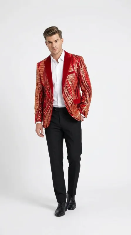 Men’s Red and Gold Sequin Christmas Holiday Blazer – Luxury Party Jacket for New Year, Wedding and Festive Events made by Alberto Nardoni