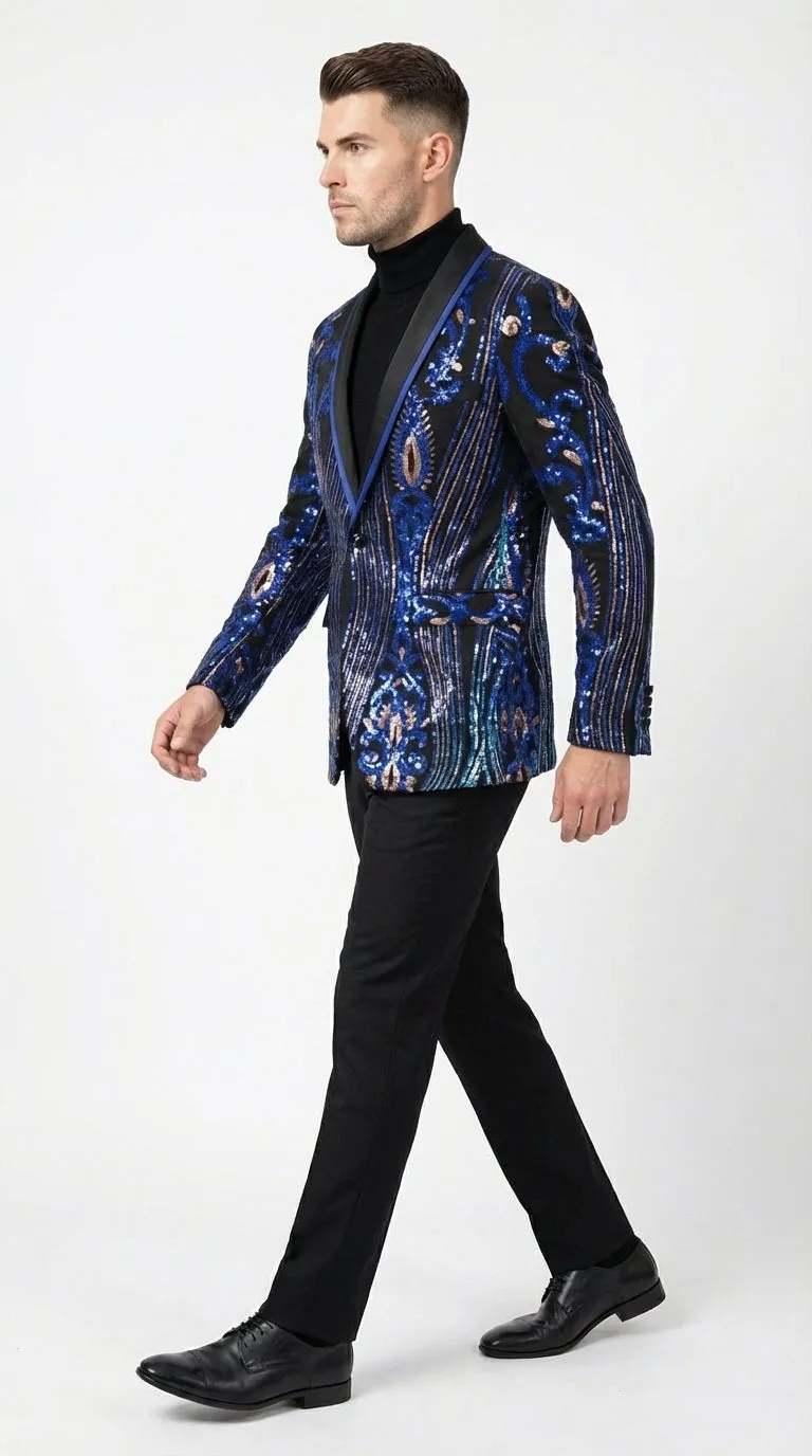 Mens Black and Royal and Gold and Navy Blue Sequin Tuxedo Suit Set – Luxury Prom Wedding Tuxedo with Sequin Jacket sold by Alberto Nardoni product image thumbnail 3
