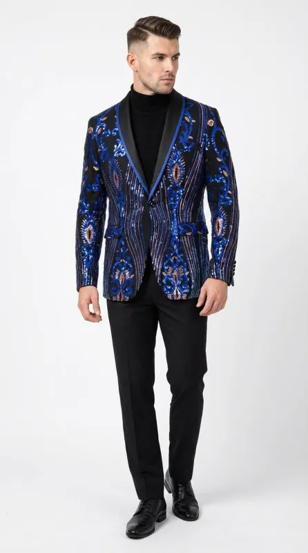 Mens Black and Royal and Gold and Navy Blue Sequin Tuxedo Suit Set – Luxury Prom Wedding Tuxedo with Sequin Jacket made by Alberto Nardoni