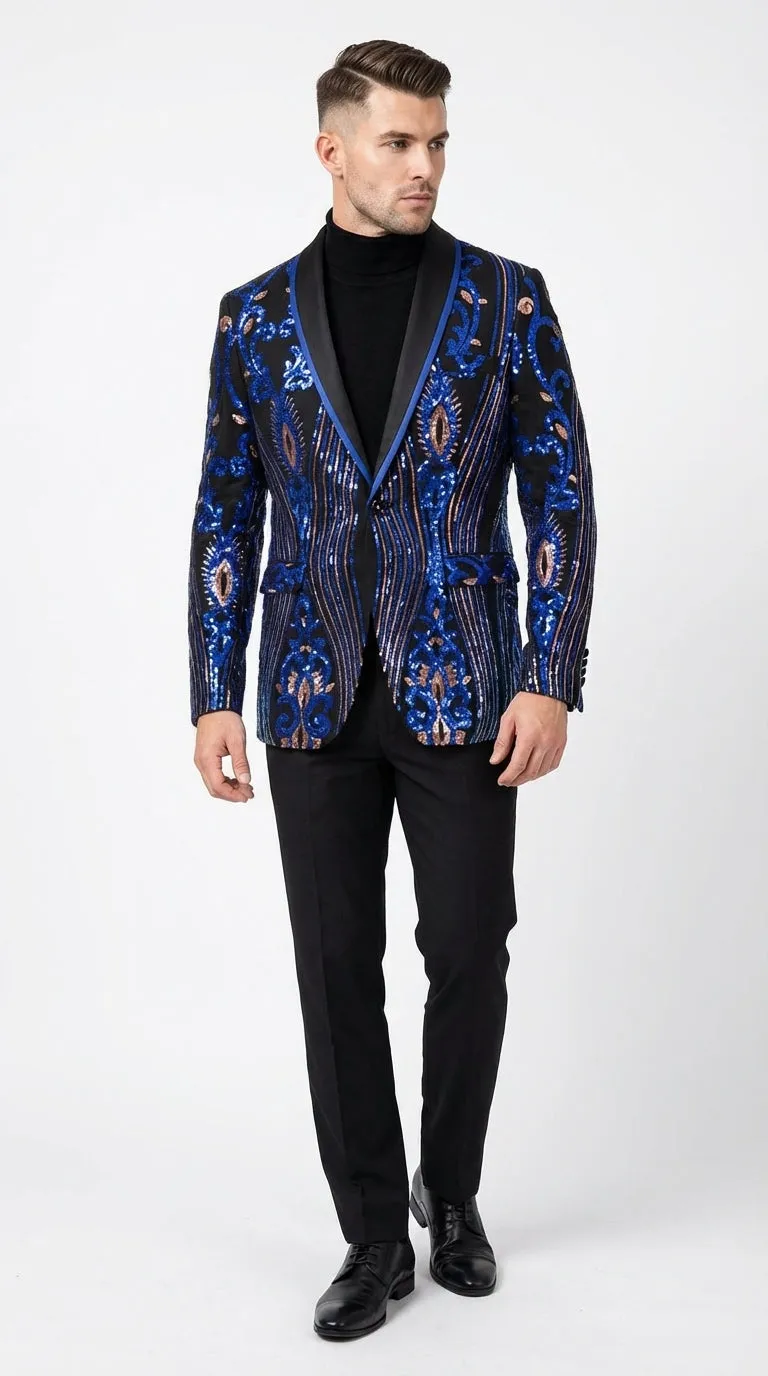 Mens Black and Royal and Gold and Navy Blue Sequin Tuxedo Suit Set – Luxury Prom Wedding Tuxedo with Sequin Jacket sold by Alberto Nardoni