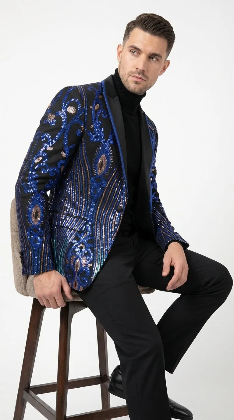 Mens Black and Royal and Gold and Navy Blue Sequin Tuxedo Suit Set – Luxury Prom Wedding Tuxedo with Sequin Jacket sold by Alberto Nardoni product image thumbnail 4
