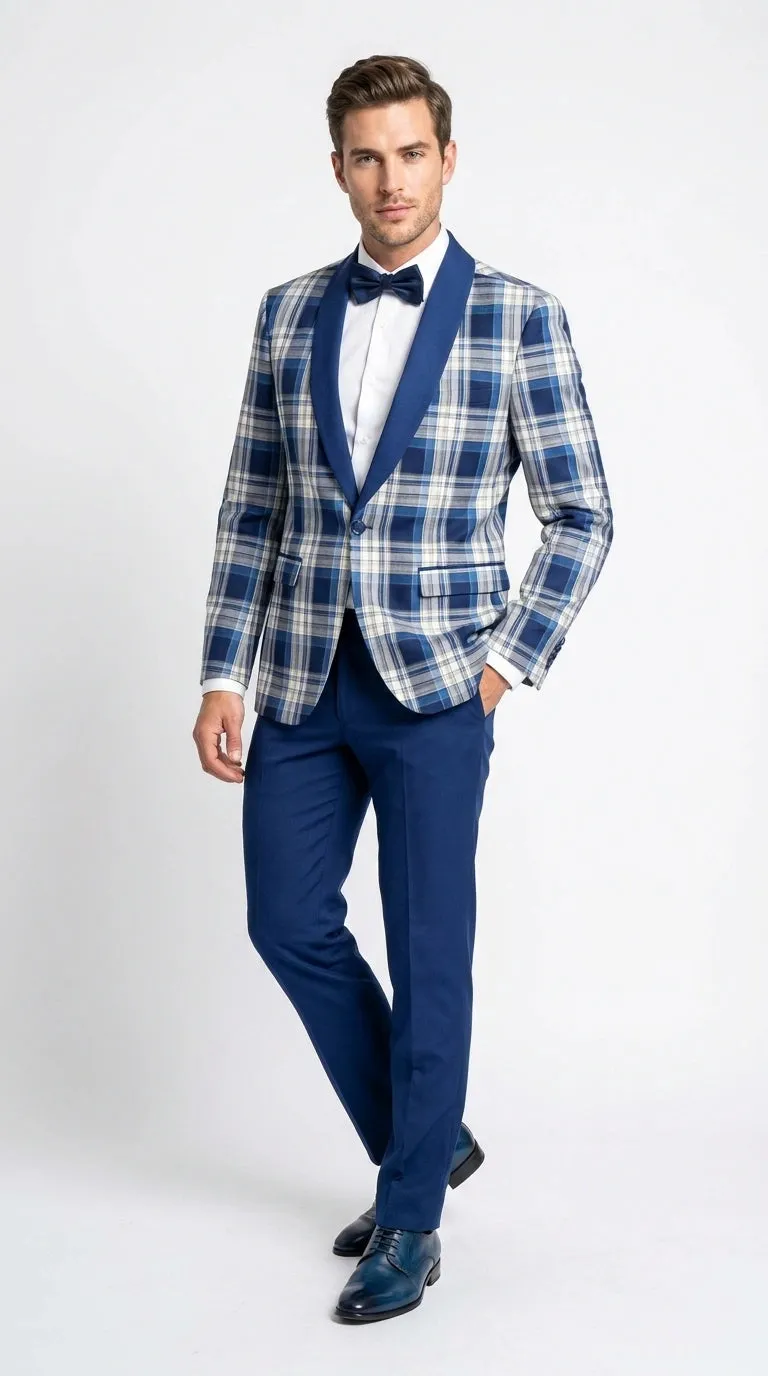 Men’s Tartan Blue Plaid and Solid Blue Tuxedo – Modern Check Pattern Formal Suit for New Year - Christmas - Holiday Jacket with Pants sold by Alberto Nardoni product image thumbnail 2