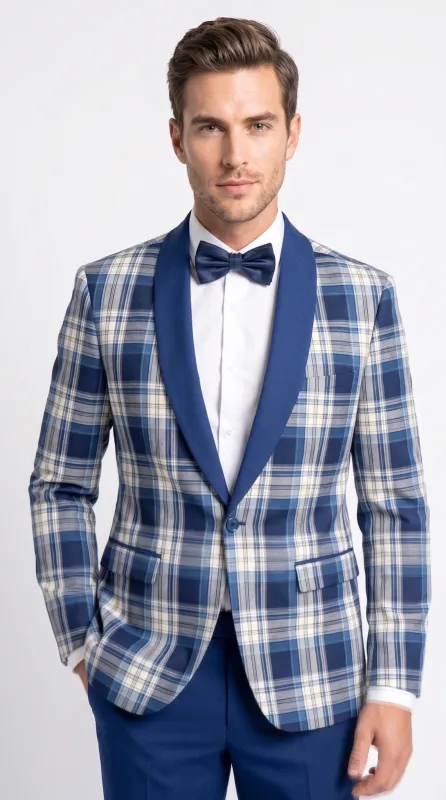 Men’s Tartan Blue Plaid and Solid Blue Tuxedo – Modern Check Pattern Formal Suit for New Year - Christmas - Holiday Jacket with Pants made by Alberto Nardoni