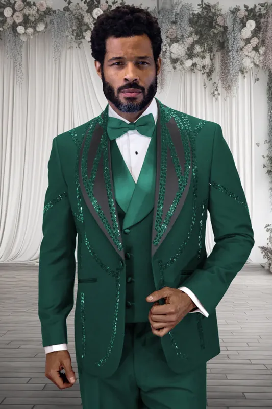Mens Hunter Green Suit - Mens Designer Wool Shawl Lapel Vested Tuxedo with Rhinestones in Hunter Green made by Alberto Nardoni