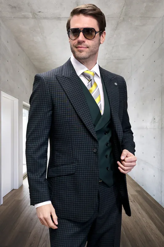 Mens Hunter Green Suit - Mens Designer One Button Peak Lapel Vested Wool Suit in Hunter Green Mico Plaid made by Alberto Nardoni