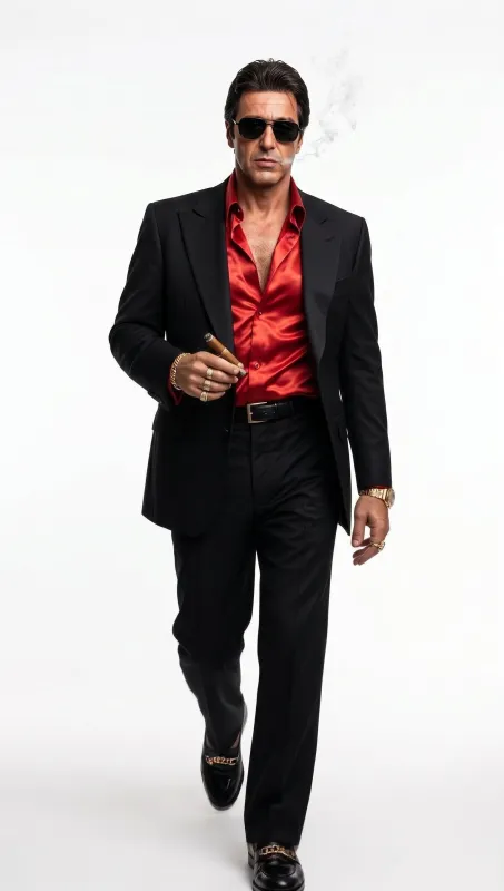 Tony Montana’s Black Blazer with Red Sateen Shirt – Men’s Black Formal Blazer and Red Satin Style Shirt Outfit for Party, Wedding and Vintage Wear made by Alberto Nardoni
