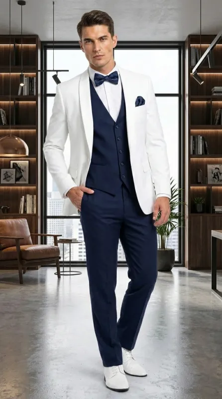 Men’s White and Navy blue tuxedo 3 Piece Suit – Classic White Blazer with Navy Vest and Pants for Wedding, Party + Bowtie made by Alberto Nardoni