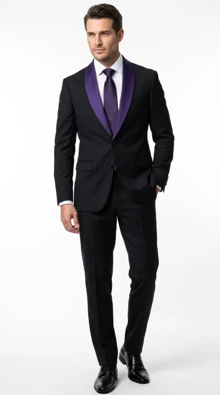 Mens Black Suit with Purple Lapel – Elegant Formal Tuxedo Style Suit for Wedding, Prom, Party and Evening Wear made by Alberto Nardoni