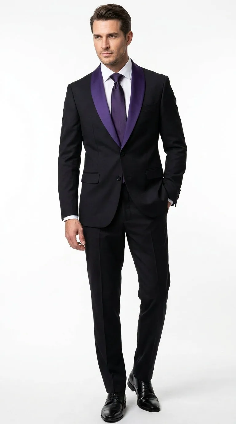 Mens Black Suit with Purple Lapel – Elegant Formal Tuxedo Style Suit for Wedding, Prom, Party and Evening Wear sold by Alberto Nardoni